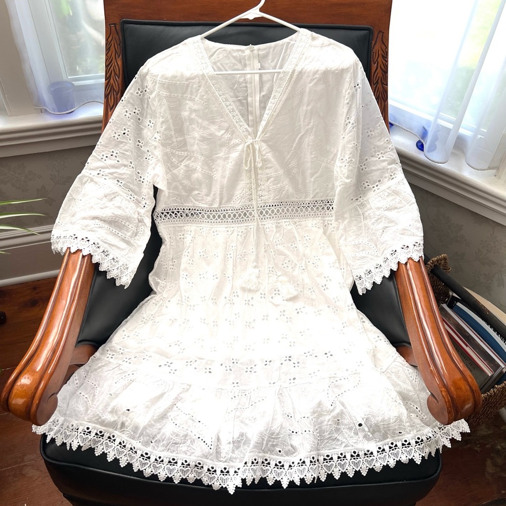 NWT XXL White Mini Dress Deep V Neck Lace Dress Lotus Leaf Sleeve Boho Bride